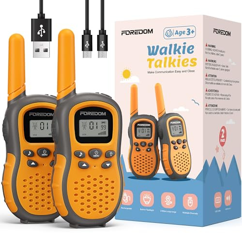 FOREDOM Walkie Talkie Ricaricabili per Bambini di Età Compresa tra 3 e 12 Anni Regalo di Compleanno con Torcia, Confezione da 2 – Arancione