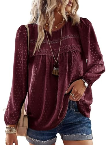 TUUHAW Plus Size Tops for Women Casual Womens Fall Pom Pom Long Sleeve Chiffon Babydoll Lace Hem Polka Dot Blouse Bohemian Crewneck Business Bardot Peplum Clothing Mulberry 2XL
