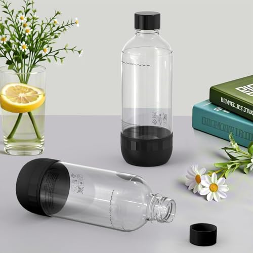 SunnyOcean 1 Liter Soda-Flaschen, 2er Set, BPA-frei, PET, wiederverwendbar, 2x Schwarz, kompatibel mit Sodamaschinen und Wassersprudlern