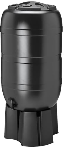 210L Outdoor Water Butt with Stand, Tap and Lid – Large Black Rainwater Collector for Garden Use, Includes Diverter Kit – Durable Polypropylene Water Storage Tank