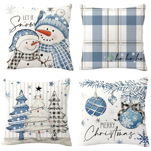 WangVipfei 4er Set Kissenbezug Weihnachten, 45x45 cm Dekokissen Weihnachten, Blau Weihnachtsdeko Kissenbezüge, Schneeflocken Bäume Hirsch Schneemann Kissenhülle für Christmas Decorations