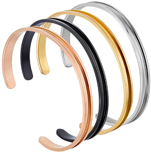 SUNNYCLUE 1 Box 4pcs Stainless Steel Bangle Bracelet Bangle Cuff Blanks Silver Black Rose Gold Groove Open Cuff Gemstones Empty Blank Bracelets for Jewellery Making Women Christmas Inlay Laser