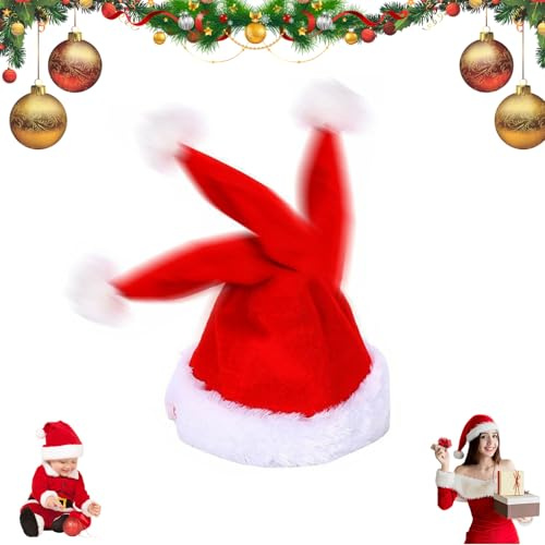 Dewppxi Elektrische Singender Tanzender Weihnachtsmann Mütze mit Musik, Lustige Weihnachtsmütze mit Schaukelfunktion, Interaktive Musikalische Plüsch Weihnachtsmütze für Erwachsene Kinder (1Stück)
