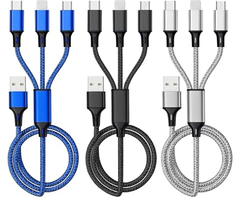 JiangZShangM 3PCS Câble Multi USB, 3 en 1 Universel Multi Embout 1,2m, Noir, Argent, Bleu, Câble USB Rapide avec USB-C et Micro USB, Câble Multi Chargeur Compatible Multi Appareils