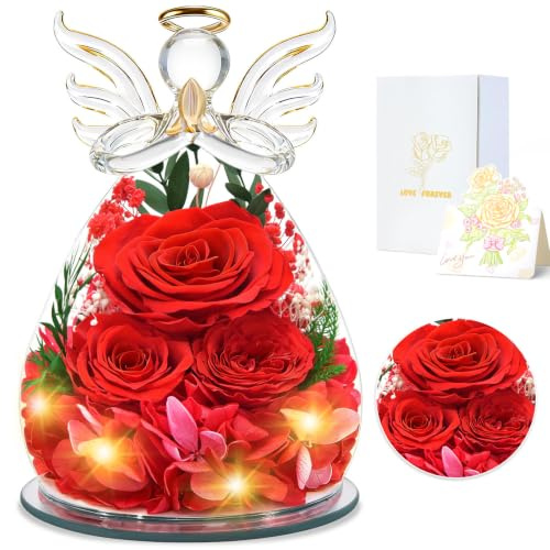 YiHuaHua Ewige Rose Engel Geschenke für Mama, Geburtstagsgeschenk für Frauen, Engel Figur Mutter Oma Freundin Geschenk Valentinstag Jahrestag Sie, Geschenk Muttertag Ewige Blume mit LED-Beleuchtung