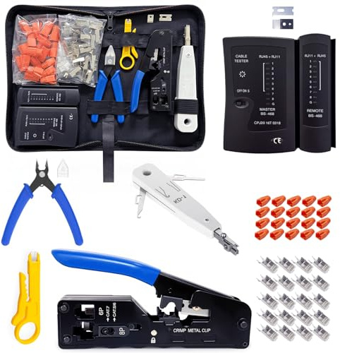 Yavinane Netzwerk Werkzeug Set, Pass Through RJ45 Crimpzange für Cat5/Cat6/Cat7 mit 20x RJ45 Stecker, Netzwerktester, LSA Auflegewerkzeug, Abisolierzange und Reparaturkit