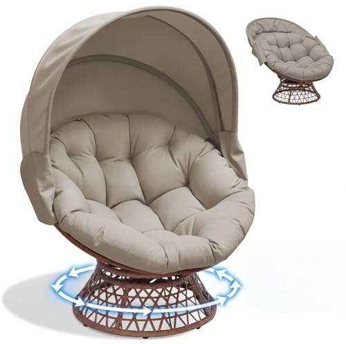 COMHOMA Papasansessel, gemütlicher Drehsessel mit Kissen rund, bequemer Rattansessel, Loungesessel drehbar, runder Relax Korbsessel Rattan für Wohnzimmer, Leseecke, Lounge - braun