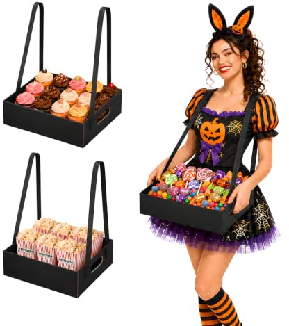 2 Pcs Wearable Usherette Trays with Handles, 20's Theme Costume Accessory, Hands-Free Movie Snack & Halloween Popcorn Snack Trays, Collapsible Hawker Tray for Stadium & Parties,15x11x4 In (Black)