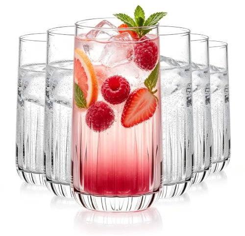 Set di 6 bicchieri highball a coste, 350 ml, bicchieri alti in vetro trasparente con base pesante, bicchieri vintage a coste per caffè freddo, cocktail, mojito, succo, acqua, limonata e bevande