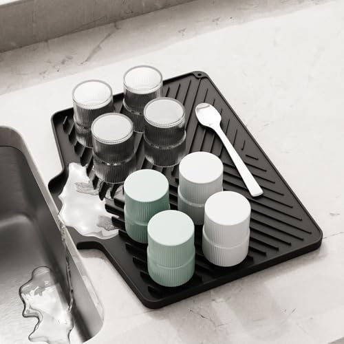 IZDUDO Alfombrilla Escurreplatos 39x27.5cm, Estera para Secar de Silicona | con Salida de Drenaje, Plegable Resistente al Calor Antideslizante, Bandeja Escurreplatos para Fregaderos de Cocina