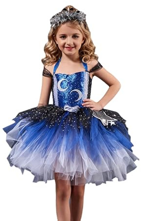 JEATHA Baby flicka scenkostym balettklänning tutu klänning krage rygg klänning kostym prinsessa klänning glitter paljett, Mörkblå, 128-134