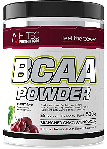 BCAA Pulver Kirsche - 500g - 2:1:1 Aminosäuren - L-Leucin, L-Isoleucin, L-Valin - Muskelaufbau & Regeneration - Hi Tec Nutrition