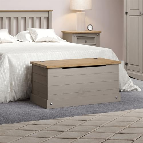 Home Source Corona Solid Pine Ottoman Single Bedding Box Toy Chest - Traditional Mexican Style Storage Trunk for Kids Bedroom - Space-Saving Wooden Chest with Lid and Window Bench