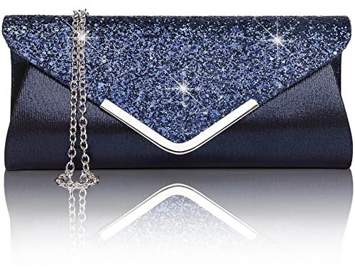 Larcenciel Damen Clutch Abendtasche Unterarmtasche Umhängetasche mit Strass-Steinen und Abnehmbarer Kette in den Farben Silber Gold Altrosa (blau)