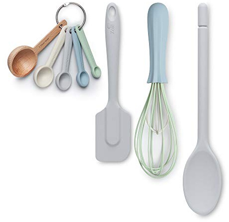 Zeal JSET41S Non-Stick Silicone Spatula, Whisk, Traditional Measuring Spoons 4-Piece Baking Set, French Grey/Duck Egg Blue/Neutral Mix