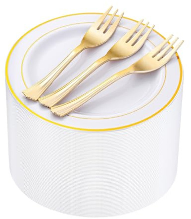 WELLIFE 240 Pcs Disposable Dessert Plates with Gold Plastic Forks, 120 White 6.5 Inch Appetizer Cake Salad Plates with Gold Rim, Party Tableware Set for 120 Guests, Wedding, Birthday, Catering