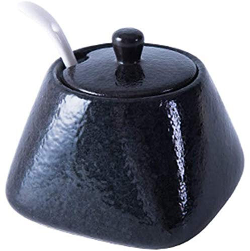 Siunwdiy Ceramic sugar bowl, vintage ceramic spice jar with lid spoon porcelain sugar bowl spice box for cafes, restaurants, kitchen and breakfast at home,Black,9.5 x 7.5 x 7.3 cm