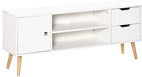 HOMCOM TV Lowboard Fernsehtisch Fernsehschrank für TV bis zu 50 mit Schrank 2 Schubladen Holzfüße Wohnzimmer Weiß 120 x 28 x 44 cm