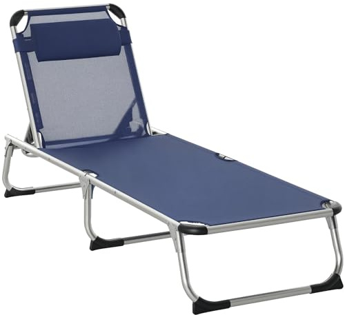 Outsunny Lettino Prendisole Pieghevole con Schienale Reclinabile su 4 Livelli, Sdraio da Giardino con Poggiatesta, in Alluminio e Texteline, per Spiaggia Piscina Giardino, 60x165x76 cm, Blu Scuro