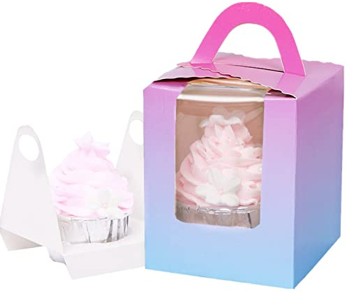Gbateri 60 Pieces Single Cupcake Boxes Cupcake Carrier with Window & Insert and Handle, Individual Cupcake Box Bakery Boxes Treat Gift Boxes Mini Cavity Cake Boxes, Muffins Containers (Rainbow)