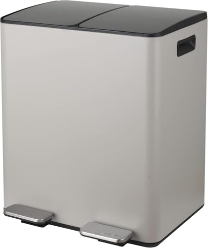 Spirella – 40-Liter-Küchenabfalleimer (2 x 20 Liter) mit Pedalantrieb – Modell Aliya – Gebürsteter Edelstahl – Deckel mit Soft-Close-Funktion – Herausnehmbare Eimer – Seitliche Griffe – Mattes Taupe