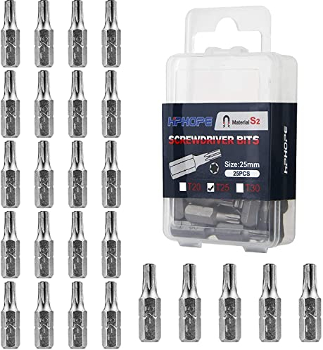 HPHOPE T25 Bit x 25 Stück, Torx Bit T25 1/4 Sechskant-Antrieb, Länge: 25 mm, Flip-Top-Box