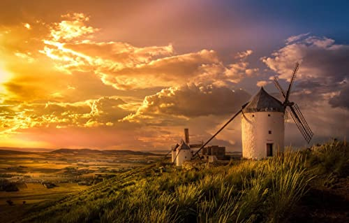 SPJOYSP Paint by Numbers for Adults Beginners Halloween Painting Crafts for Kids,Natural Scenery,Valley,Spain,Windmills,16X20 inch with Frame