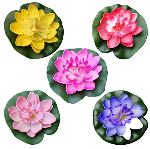 Sewroro 5Pcs Künstlicher Lotus mit Wasserlily Pad Floating Lotus Realistische Blumenverzierung für Garten Teich Aquarium Pool Dekoration 10 cm
