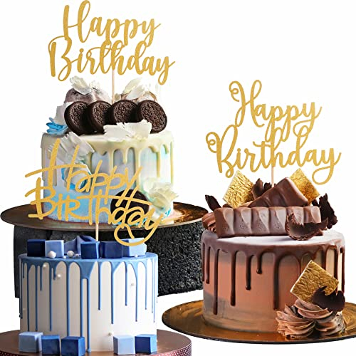 3PCS Happy Birthday Cake Topper - Gold Glitter Happy Birthday Cake Decoration Supplies, 3Pcs Single-side Gold Glitter Happy Birthday Cake Topper, Photo Booth Props Cake Smash (3HB)