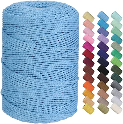 GOHOF Macrame Cord 3mm x 300m Premium Cotton Macrame Rope, 4 Strand Twisted Soft Cotton Cord, One of The Most Perfect Materials for Macrame Art, Cotton String Without Chemicals (Sky Blue)