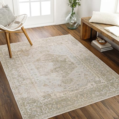 Livabliss Al Khor Teppich waschbar in der Waschmaschine - Vintage Teppich Groß für Wohnzimmer 160x213 cm, Schlafzimmer, Küche - Orientalischer Boho Teppiche, Beige, Elfenbein