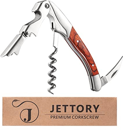 Jettory Cavatappi | Apribottiglie professionale da sommelier con tagliacapsule, apribottiglie e doppio cardine per bottiglie di vino | Apri bottiglie in acciaio inossidabile. (Pakkawood)
