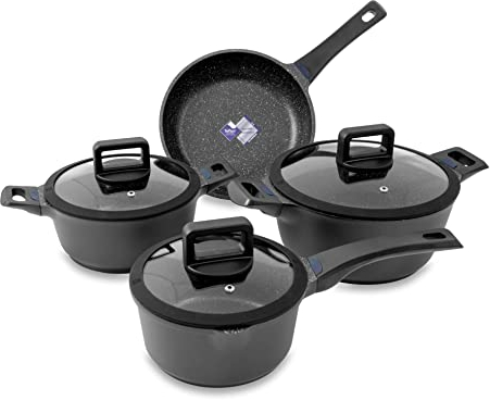 KOPF Set di pentole in alluminio pressofuso Thermo Pro, in alluminio, con rivestimento antiaderente in Teflon Classic, effetto marmo, 3 pentole con coperchio in vetro e 1 padella/7 pezzi