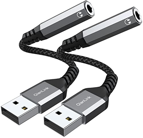 USB to 3.5mm Jack Audio Adapter (2-Pack), USB to Audio Jack Adapter Headset, USB-A to 3.5mm TRRS 4-Pole Mic Female, External Stereo Sound Card for Headphone, Mac, PS4, PS5, PC, Laptop, Desktops