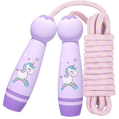 GAROMIA Hopprep för barn, 2,6 m, justerbart hopprep för barn, hopprep av bomull med trähandtag, justerbart hopprep, sport, hopprep för hopprep, 4, 6, 7, 8 år, lila