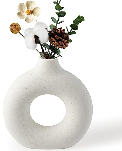BASVII Kleine Weiße Vase für Pampasgras - Boho Keramik Blumenvase Modern, Zimmer Aesthetic - Donut Rund für Wohnzimmer, Flur, Fensterbank, Esstisch