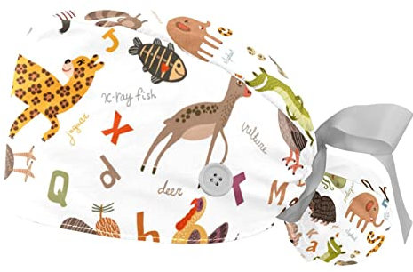 2er-Pack Schrubbmützen,Bouffant-Hüte,Zoo-Cartoon-Tiername,Arbeitskappen mit Knopf und Schweißband,verstellbar