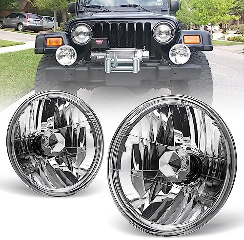 AUTOWIKI 7 Round Conversion Head Lights Fornt Lamps for Multi-vehicle Models, Pickups and motorcycles 1 Pair Clear Lens 7 Inch Headlights with H4 12V 60/55W Bulbs
