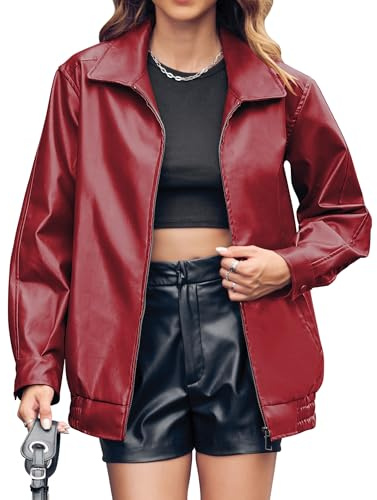 Miladusa Women's Leather Jackets Faux Motorcycle Coat Casual Zip Up Travel Leather Jacket Fall Winter Outwear Dark Red L