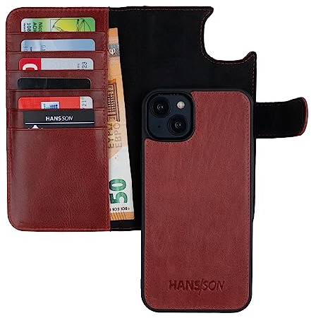 HANS/SON Étui de protection en cuir véritable pour iPhone 14 - Étui à rabat fin 2 en 1 avec étui pour cartes de crédit - Compatible Magsafe - Ajustement parfait - Résistant aux chocs - Fonction