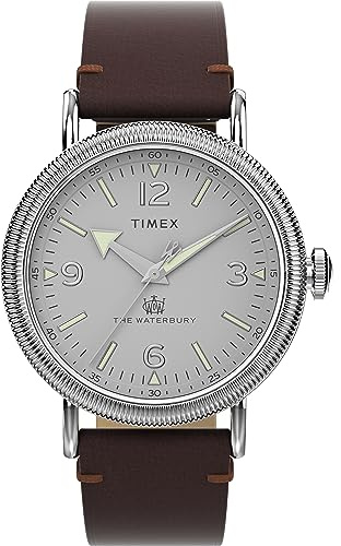 Timex Waterbury Montre pour Hommes, 40 mm, Bracelet en Cuir Marron à Ouverture Rapide, en Deux pièces, Cadran argenté, boîtier argenté TW2W20300
