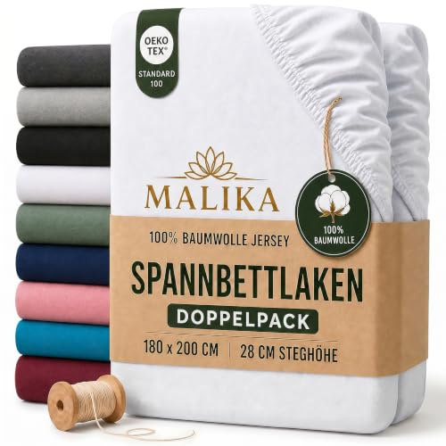 MALIKA® Spannbettlaken 90x200cm - 100x200cm Doppelpack Baumwolle Bettlaken Jersey Betttuch Spannbetttuch Laken - Matratzenhöhe bis 28 cm