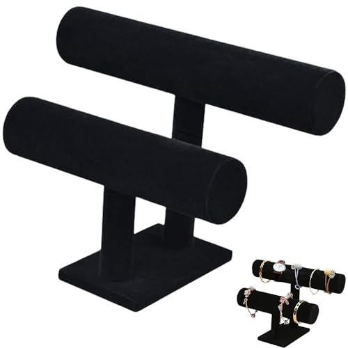 Hachera Soporte Para Joyas, Expositor Joyería Mujer, Porta Pulseras, Pulsera Terciopelo T-Bar, Expositor De Joyas Negro, Soporte De Terciopelo Para Joyería Para Coleteros (2 Niveles)