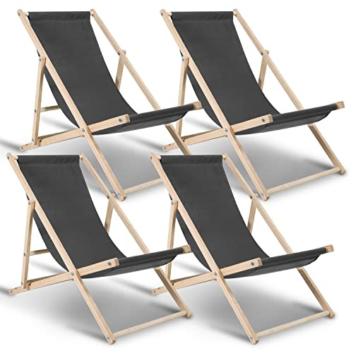 Ikodm 4er Set Liegestuhl klappbar Holz,120kg max Gartenliege Klappbar Verstellbar Liegestuhl Garten wetterfest Sonnenliege Holz Relaxliege Garten für Camping Balkon Pool,Grau