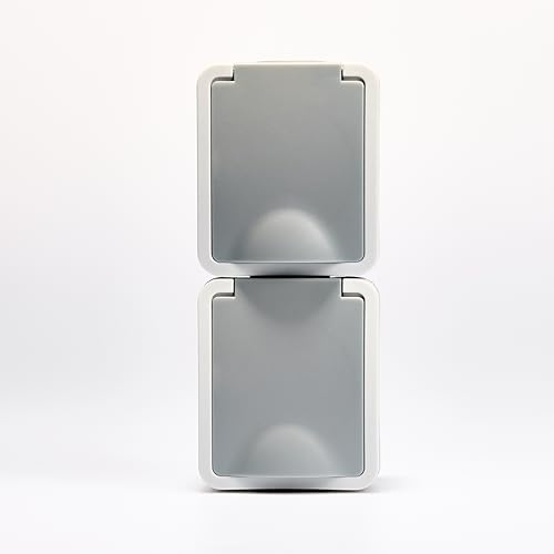 MC POWER Feuchtraum Doppelsteckdose Aufputz | Fix | Zweifach Steckdose 2-fach vertikal Steckanschluss, 250V 16A, IP54, AP grau