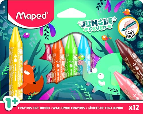 Maped - Maxi-Wachsmalstifte JUNGLE FEVER JUMBO- Kinderwachsstifte - Wachsmalkreiden für Babys ab 1 Jahr - Dreieckige Form - Erster Jumbo-Wachsmalstift - Kartonschachtel mit 12 Jumbo-Wachsmalstifte