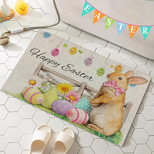ACAREY Osterdeko Fußmatte, Ostern Fussmatte Mit Osterhase Deko Schmutzfangmatte Waschbar Fussmatte Für Innen & Außen, Schmutzfangmatte Hasen Frühling Küche Teppich Bodenmatte (A)