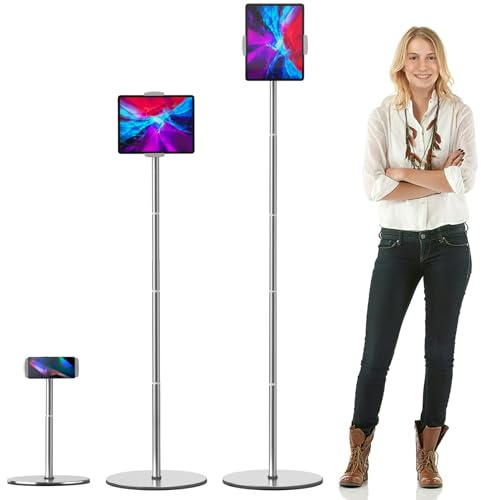 nediea Tablet Bodenständer, Höhenverstellbar Tablet Ständer für iPad | 360° Drehbarer Metallstab Stativ Bodenhalter für iPad/iPhone/Samsung/Kindle oder 4,7-12,9 Zoll Geräte