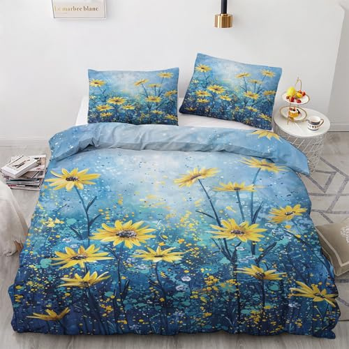 zcwl Gelbe Blume Bettwäsche 135x200 Sommer, Blau Bettbezug Set 2 teilig, Weiche Kuschelige Mikrofaser Bettwäsche-Sets, Wendebettwäsche und 1 Kissenbezug 80x80 mit Reißverschluss