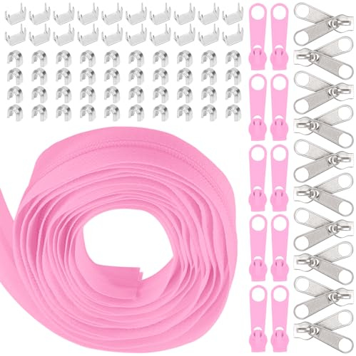 Swpeet 1Roll 10 Yard #5 Pink Nylon Zipper Tape Zipper Strip mit 20Pcs Matched Zipper Sliders Assortment Kit, Ersatz Zipper Roll Endless Zip Set mit Double Single Slider und Zip für Nähen